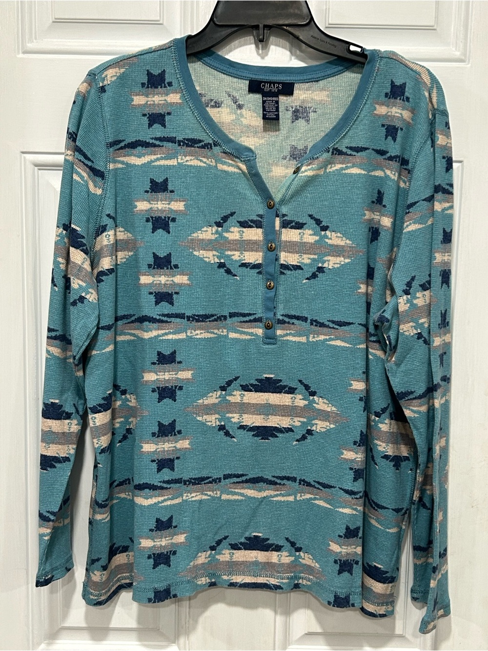 Chaps Women Plus Size 3X Waffle Knit Henley Shirt Teal Blue Aztec Southwestern